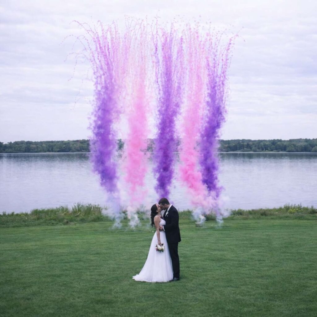 Kolorowe miny dymne, wesele, plener, efekt zdjęciowy